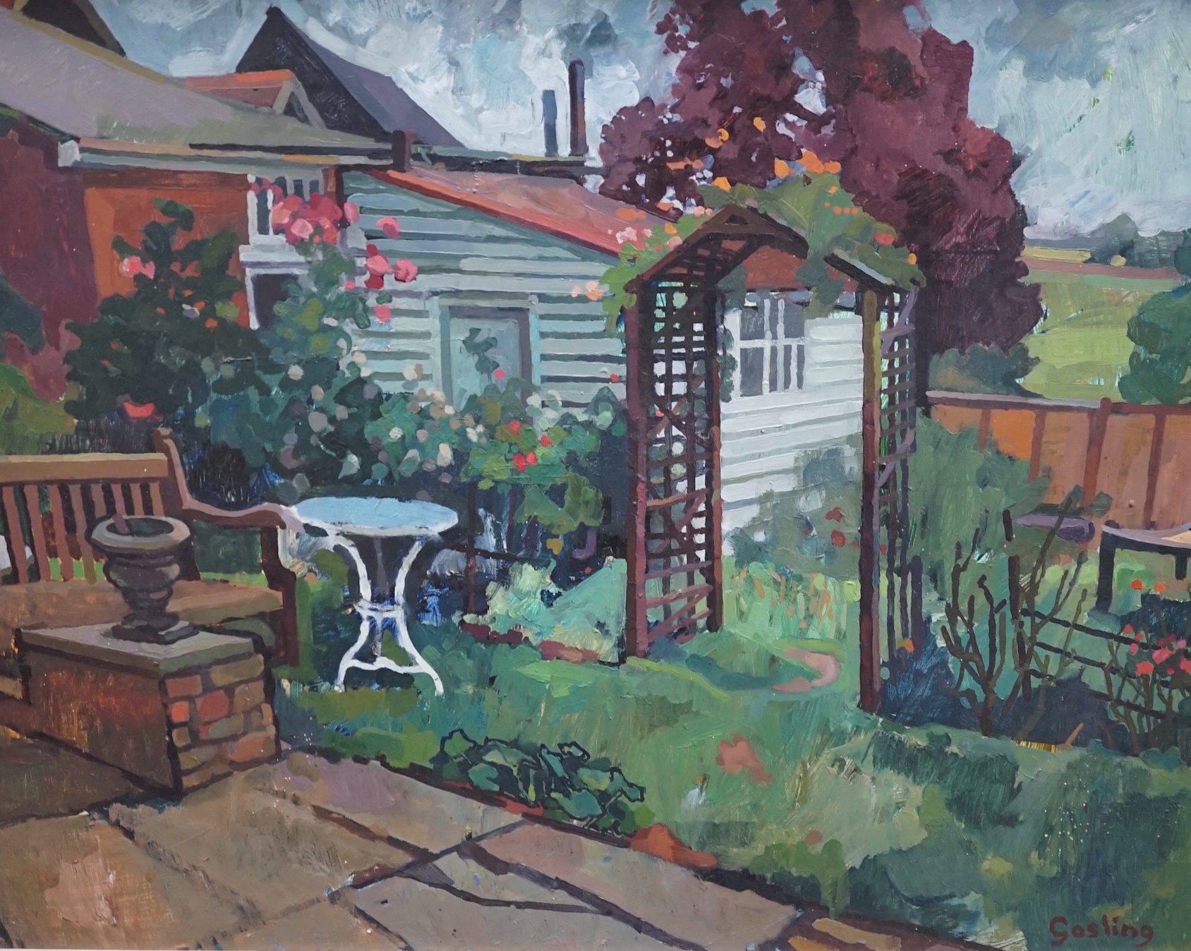 Annabel Gosling (b.1942), oil on board, Garden scene, signed, The Rowley Gallery label verso, 60 x 75cm